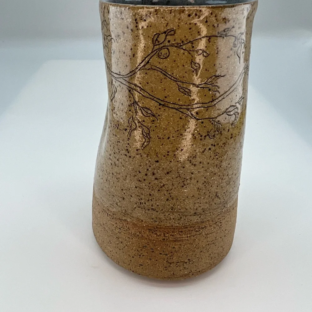 Folk Art Sandstone Pottery Vase “One Day At A Time” Fauna Print Artist Signed
